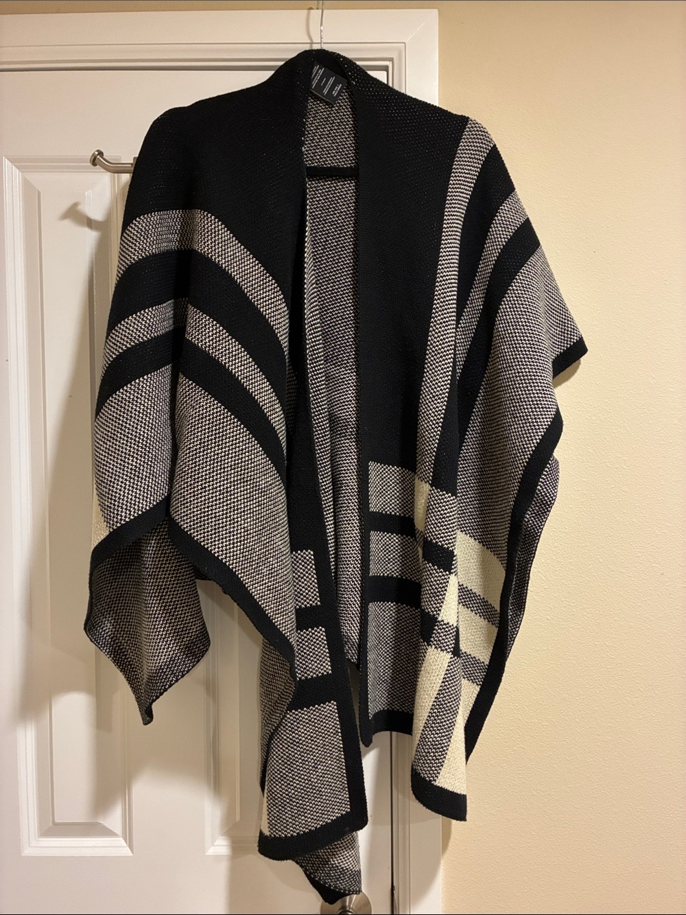 Nicole Miller Black and Gray Striped Open-Front Knit Poncho